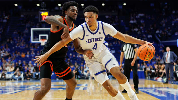 Oct 27, 2023; Lexington, KY, USA; Kentucky Wildcats forward Tre Mitchell (4) moves to the basket during the second half against the Georgetown Tigers at Rupp Arena. Mandatory Credit: Jordan Prather-USA TODAY Sports